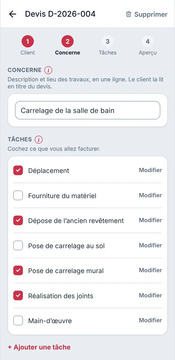 Nouveau devis pour Famille Dupont, étape Concerne : « Carrelage de la salle de bain », 4 tâches cochées sur 7 (Déplacement, Dépose de l’ancien revêtement, Pose de carrelage mural, Réalisation des joints).