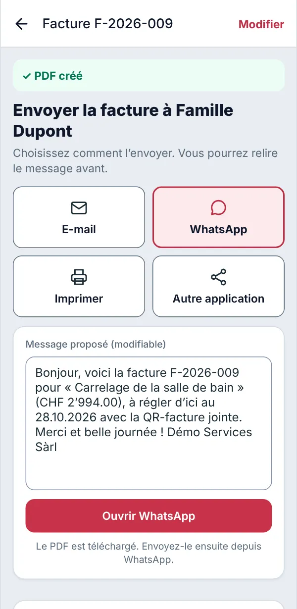 Envoyer la facture à Famille Dupont : WhatsApp choisi, message proposé déjà écrit, bouton Ouvrir WhatsApp.